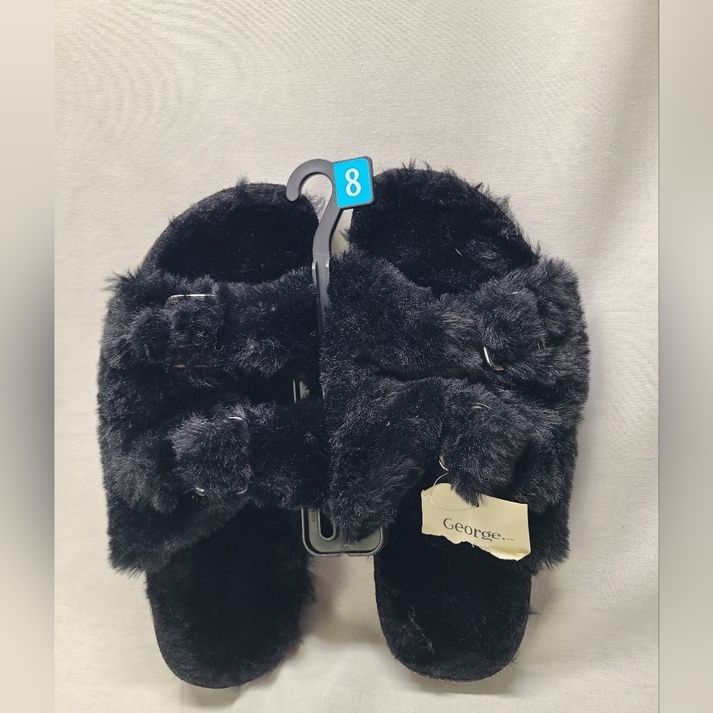 George slip on black faux fur slipper shoes- Size 8 Womens- New with tags